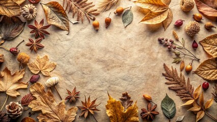 Fototapeta premium Create serene top-view paper dried foliage textured background ample text space capture nature's tranquility