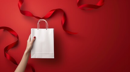 Empty shopping bag mockup on red sale background with ribbon banner and ample copy space area