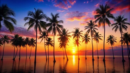 Fototapeta premium A tropical sunset with silhouettes of palm trees and a clear horizon for text