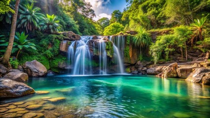 Fototapeta premium A tropical waterfall cascading into a clear pool with rocks and water providing space for text