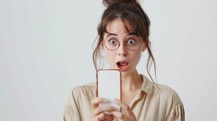 A woman wearing glasses with a surprised expression looks at a white screen cellphone, the woman is wearing a shirt and her hair is tied neatly, Ai generated Images