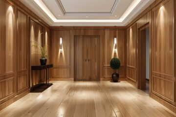 Fototapeta premium Modern Entrance Hall Design with Spacious Layout, Wooden Wall Panels, and Stylish Door for Interior Inspiration