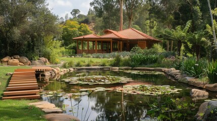 Obraz premium Spiritual retreat center with serene gardens and meditation spaces, promoting holistic well-being