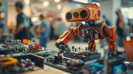Advanced robotics workshop with engineers working on cutting-edge technologies, showcasing innovation and progress