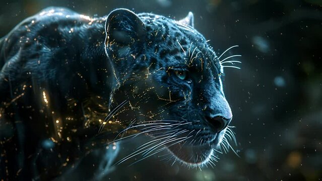 Black Panther in the Rain with Golden Sparks.