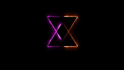 Abstract glowing neon triangle border frame illustration on black background.
