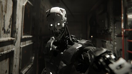 Fototapeta premium A dark and eerie scene featuring a humanoid robot with glowing eyes, evoking a sense of futuristic technology and dystopian atmosphere.
