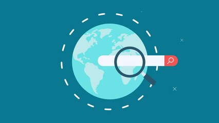animation of a globe with a dotted circle around it, representing global connectivity. A large search bar, accompanied by a magnifying glass, crosses the globe, symbolizing internet search  - Powered by Adobe