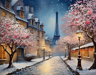 fantasy painting of paris in winter in a snowy night