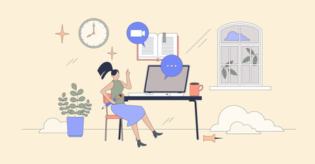 Remote learning and online study lessons tiny person neubrutalism concept. E-learning education with virtual classrooms and webinars vector illustration. Academic knowledge from university programs.