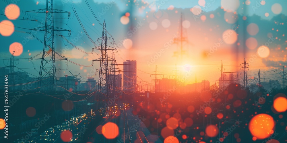 Wall mural cityscape dusk featuring high voltage power lines and transmission towers. the image captures the es