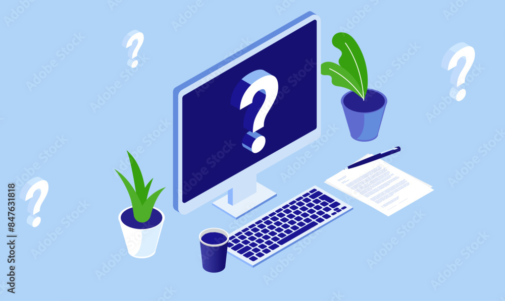 Fototapete Question mark on computer screen - Desktop PC with problem and questions. Technical data issue and trouble concept, vector illustration in flat design isometric perspective view