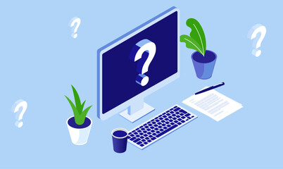 Question mark on computer screen - Desktop PC with problem and questions. Technical data issue and trouble concept, vector illustration in flat design isometric perspective view