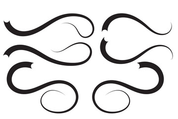 Set of Swoosh and swoop underline typography tails shape in flat styles. Swoosh line vector, underline swish, stroke swash swirl, Brush drawn curved smear. Hand drawn curly swishes, swash, twiddle.