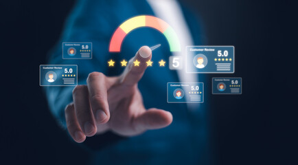 Customer Satisfaction Survey concept, 5-star satisfaction, service experience rating online application, customer evaluation product service quality, satisfaction feedback review, good quality most.
