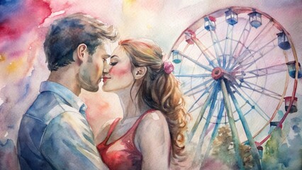A couple sharing a kiss in front of a Ferris wheel at a carnival.