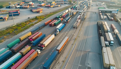 Cargo trucks, border crossings. Aerial high view