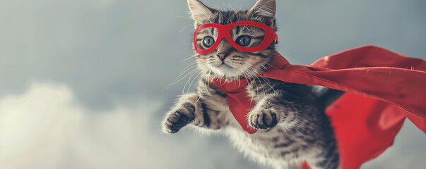 Adorable kitten dressed as a superhero with a red cape and mask jumping in mid-air against a neutral background with copy space for text.