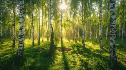 Birch Grove in Green Forest Bathed in Sunlight on a Summer Day