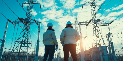 Two engineers wearing safety vests, hard hats stand in front of a high-voltage electrical substation. tall electricity pylons and power lines at blue sky background. industrial work and teamwork