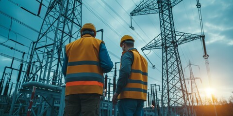 Two engineers wearing safety vests, hard hats stand in front of a high-voltage electrical substation. tall electricity pylons and power lines at twilight sky background. industrial work and teamwork