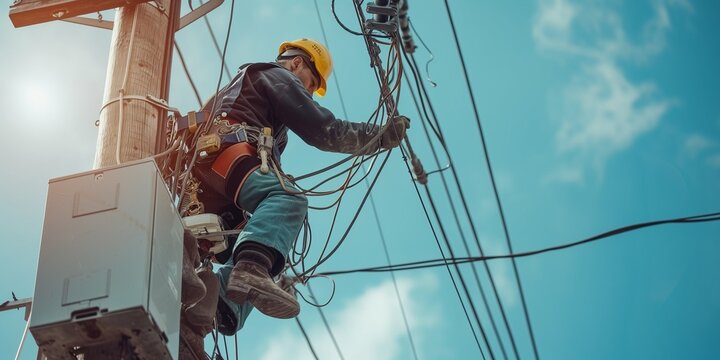 utility worker in a high visibility vest and helmet inspects electrical infrastructure at dusk. safety and maintenance in urban power distribution with power lines and poles in the background - Powered by Adobe