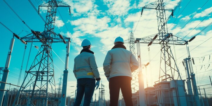 Two engineers wearing safety vests, hard hats stand in front of a high-voltage electrical substation. tall electricity pylons and power lines at blue sky background. industrial work and teamwork