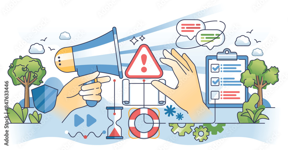 Poster crisis communication and corporate pr management outline hands concept. emergency situation message 