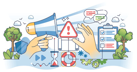 Crisis communication and corporate PR management outline hands concept. Emergency situation message with problem solution and fast response vector illustration. Business reputation recovery.