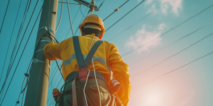 utility worker in a high visibility vest and helmet inspects electrical infrastructure at dusk. safety and maintenance in urban power distribution with power lines and poles in the background