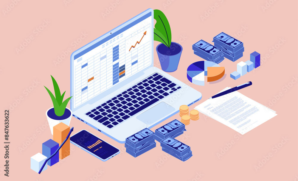 Aufkleber accounting laptop illustration - computer with spreadsheet on screen, money, graphs and contract sho