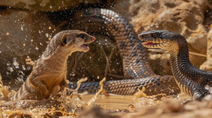 Fototapeta premium mongoose vs snake fight in the water