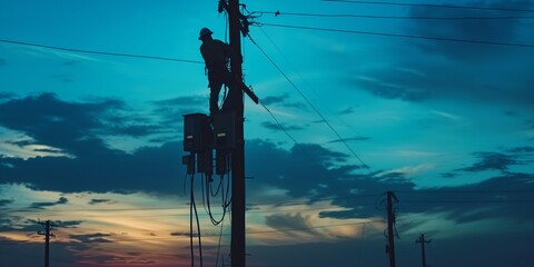 silhouette of electrical worker climbs a utility pole during a vibrant sunset. maintaining the power grid with evening sky background