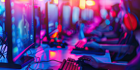 Gaming PC  Party Fun blurred background image of friends enjoying a party with multiple gaming PCs connected, playing multiplayer games