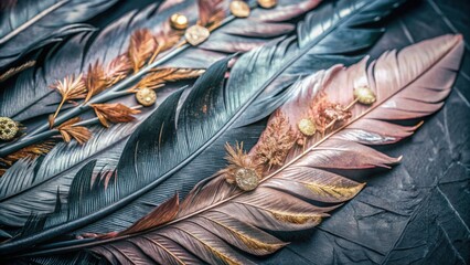 An artwork featuring feathers with raised textures and gold leaf detailing on a black background.