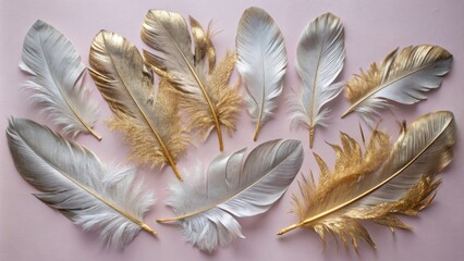 An artwork featuring feathers with raised textures and gold leaf detailing on a black background.