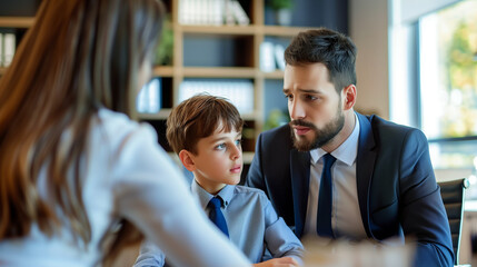 Young Father and Son in Principal's Office, Discussing with School Principal about his Childs behaviour and preventing from being expelled