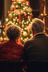 男, 男性, 女, 女性, 高齢者, 後ろ姿, クリスマス, クリスマスツリー, プレゼント, イルミネーション, お祝い, man, woman, elderly, back, Christmas, Christmas tree, gift, illumination, celebration