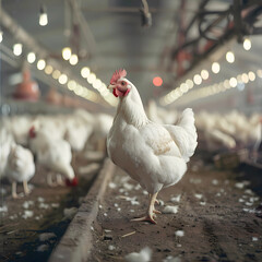 White chicken in poultry farm. Generative ai.