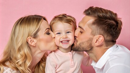 A mother and father each kissing one cheek of their smiling child.