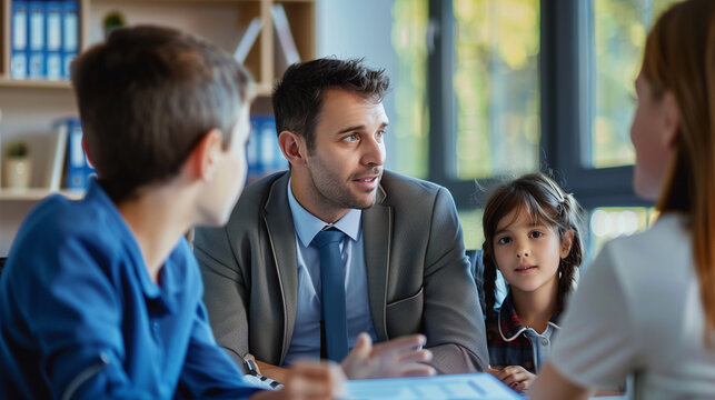 Young Father and Son in Principal's Office, Discussing with School Principal about his Childs behaviour and preventing from being expelled