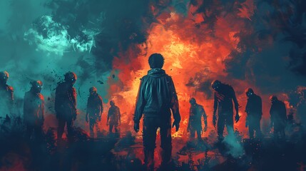 Fototapeta premium A lone survivor stands before a fiery background, confronting a horde of zombies with glowing eyes in a post-apocalyptic setting.