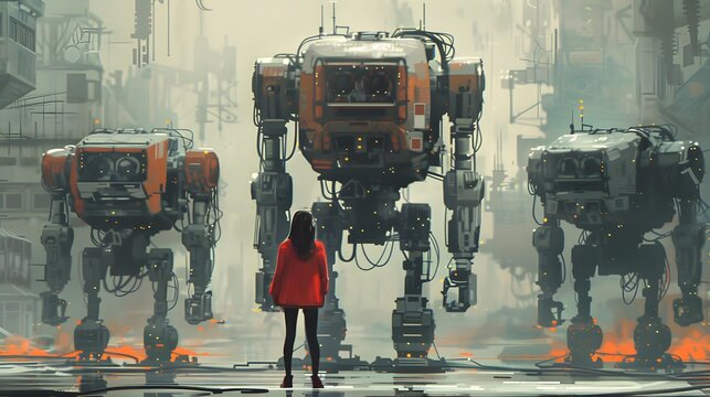 A woman in a red coat stands fearlessly before three towering robots in a foggy, futuristic cityscape, ready for action.