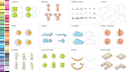 architecture site analysis symbol icon element drawing graphic flat isolated vector. architecture element line sun wind sound sun path vegetation.