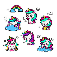 Set of cute unicorns in various poses. Perfect for kids' coloring books, shirts, and more. Isolated vector flat art on a white background for your creative projects.
