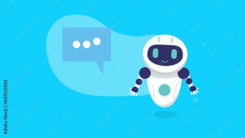 Poster animation of white and blue robot with a smiling digital face is floating on a bright blue backgroun