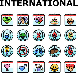 international day holidays icons set vector. family children, tolerance and yoga, water food, cancer diabetes, mental health international day holidays color line illustrations