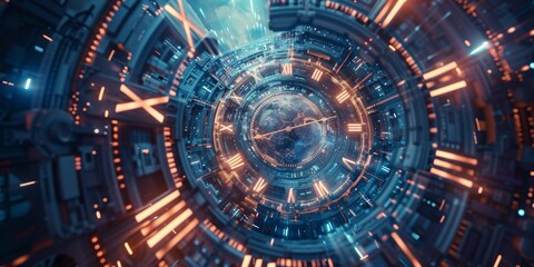 Obraz premium Time travel technology background with clock and time machine concept that can turn clock hands. Jump into a time portal within a few hours. Travel in time and space. Time travel fantasy. Simple wallp