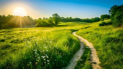 Fototapeta premium A long, winding road runs through a lush green field