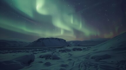Naklejka premium A breathtaking view of the Northern Lights shimmering over a snowy Icelandic landscape 
